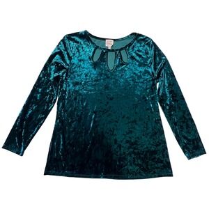 Como Vintage Teal Green Crushed Velvet Long Sleeve Teardrop Cutout Top Size XL